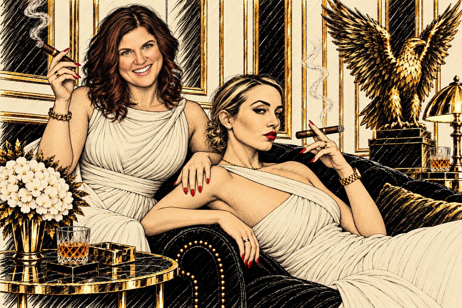Kira and Shirah in ivory gowns with cigars on a black velvet chaise, a gold eagle behind them, drawn in ink and gold